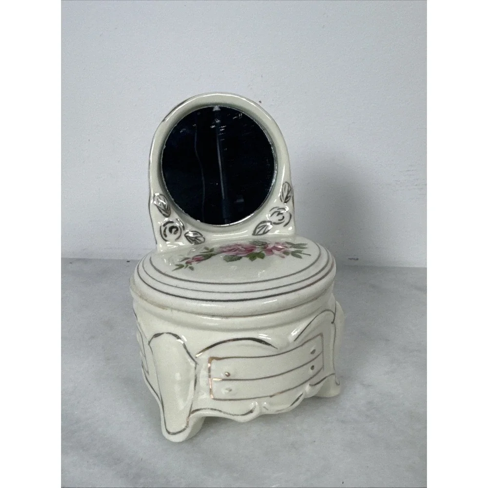 Vintage Porcelain Vanity Trinket Box with Mirror
